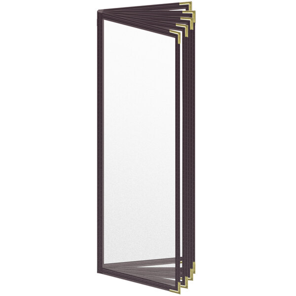 A brown rectangular vinyl menu cover with gold smooth corners and a black border with black rectangles.