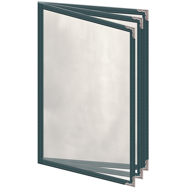 A stack of three green H. Risch, Inc. vinyl menu covers with silver corners.