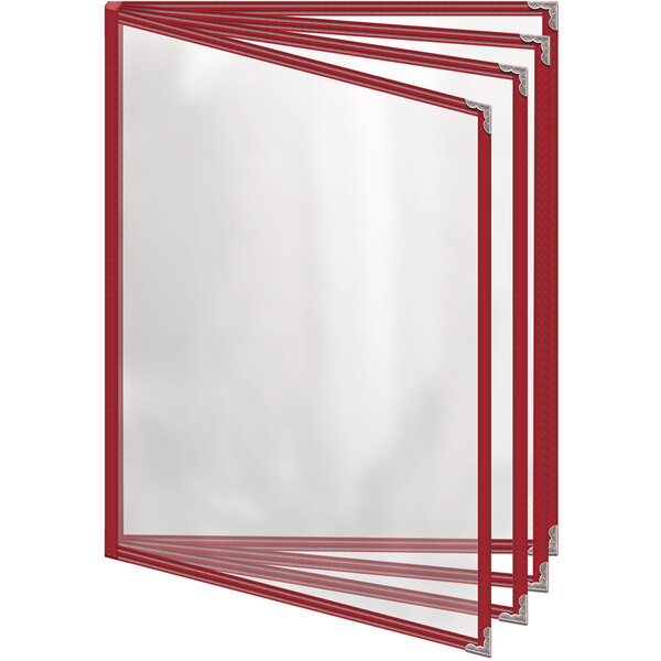 A red menu cover with silver decorative corners and white stitching.