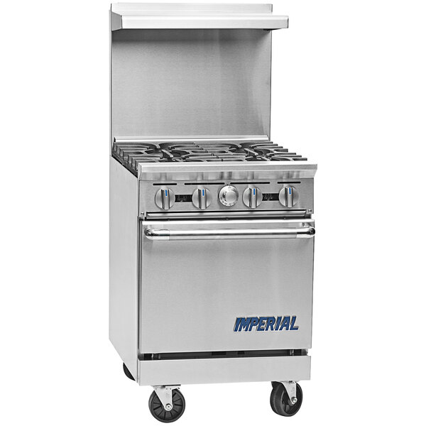 An Imperial Range stainless steel 2 burner range with griddle over a cabinet base.