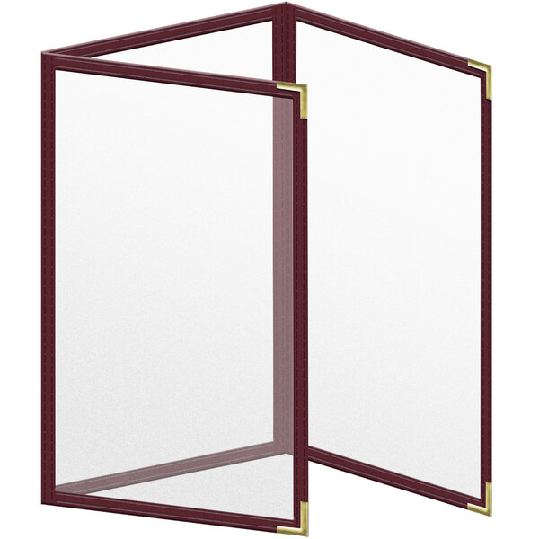 A maroon vinyl menu cover with gold smooth corners.