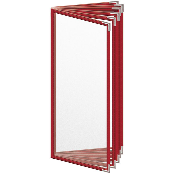 A stack of red and white H. Risch, Inc. vinyl menu covers.