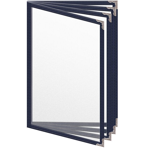 A group of blue H. Risch, Inc. menu covers with silver decorative corners.