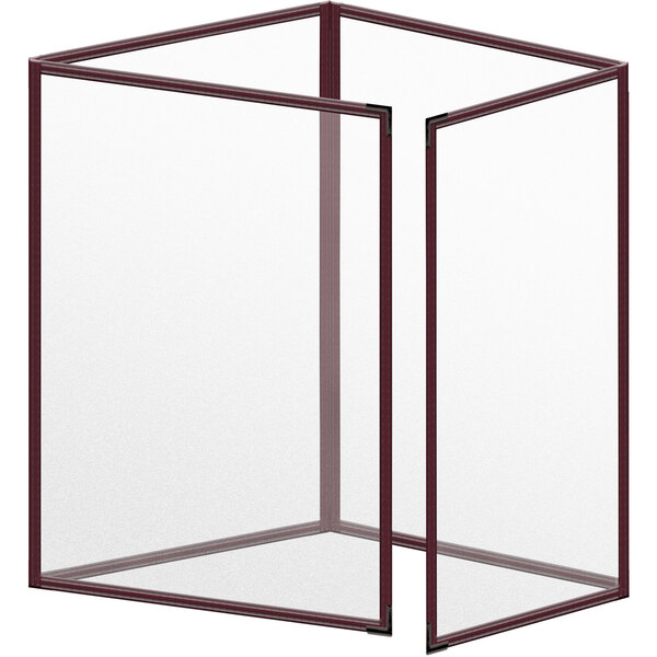 A maroon vinyl menu cover with black corners and a matte finish.