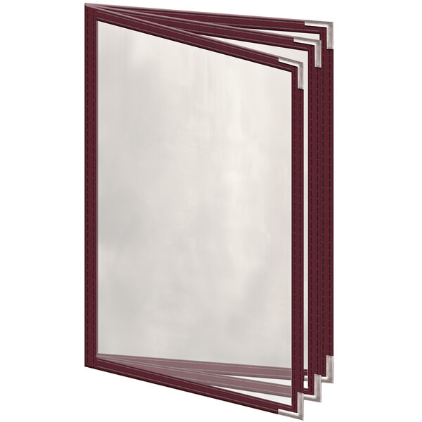 A maroon H. Risch, Inc. menu cover with silver corners and a gloss finish with clear pockets.