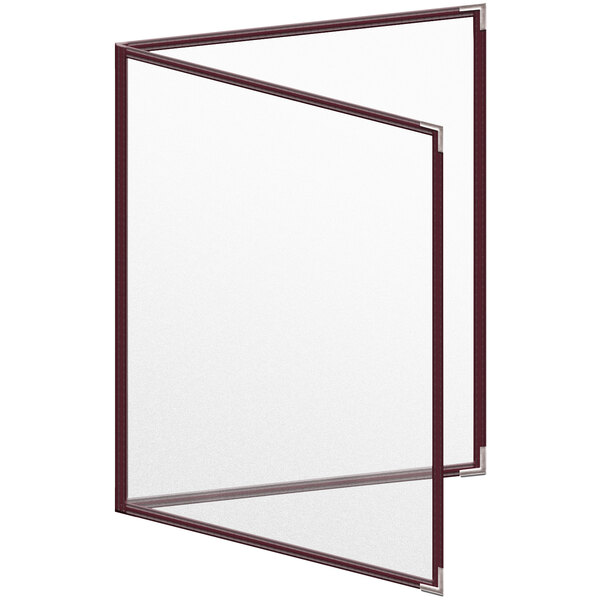 A maroon menu cover with silver corners and a matte finish.