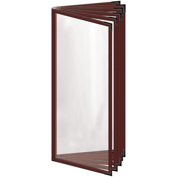 A maroon rectangular vinyl menu cover with black smooth corners and a gloss finish.