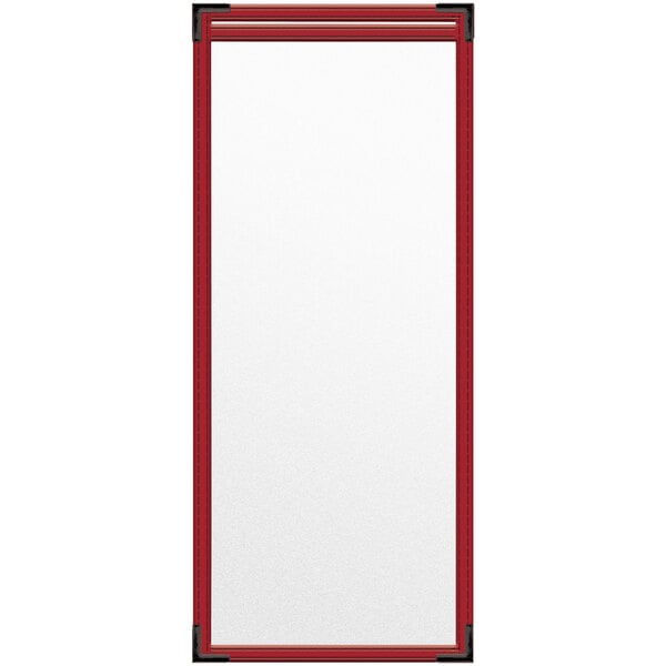 A white board with red trim.