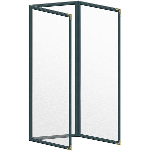 A green vinyl rectangular menu cover with gold corners.