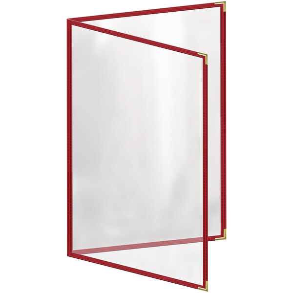 A red menu cover with gold smooth corners and red stitching.