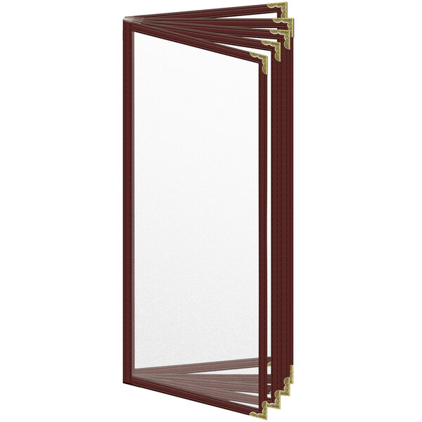 A maroon vinyl menu cover with gold corners and a matte finish.