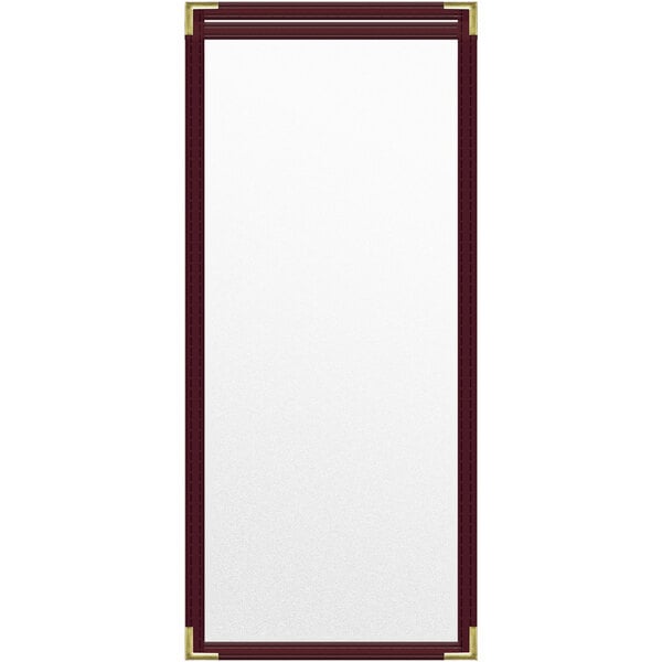 A rectangular maroon menu cover with gold corners and a matte finish.