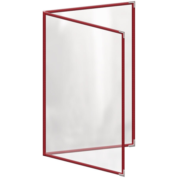 A rectangular red menu cover with a transparent front and silver corners.