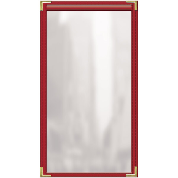 A red rectangular menu cover with gold corners.