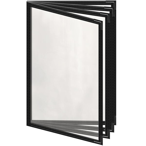 A black rectangular menu cover with white corners and a gloss finish.