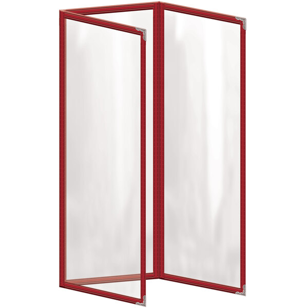 A white rectangular frame with red border holding a red menu cover with silver corners.