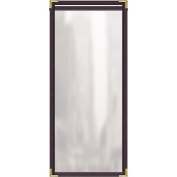 A rectangular brown vinyl menu cover with gold trim and smooth corners.