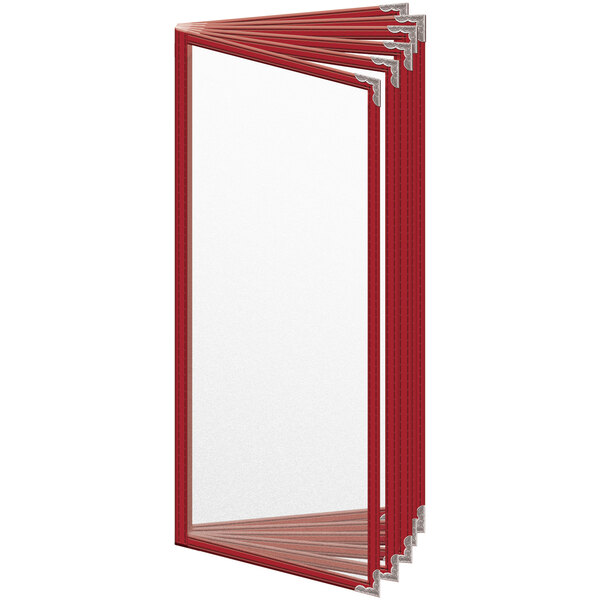 A stack of red H. Risch, Inc. menu covers with a white rectangular frame.