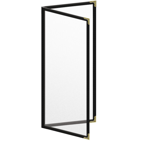 A white rectangular menu cover with black edges and gold decorative corners.