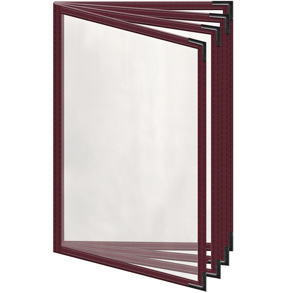 A maroon menu cover with black corners and gloss finish with 8 windows.