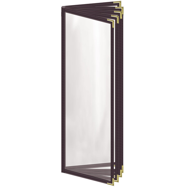 A rectangular brown vinyl menu cover with gold smooth corners and a gloss finish.