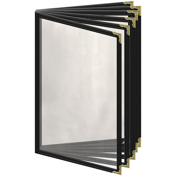A red H. Risch, Inc. vinyl menu cover with gold corners and trim with 12 views.