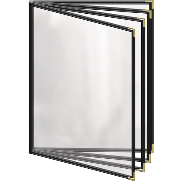 A stack of black menu covers with gold corners and a gloss finish.
