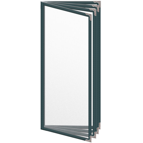 A green H. Risch, Inc. menu cover with silver decorative corners and a matte finish with a window to view the menu.
