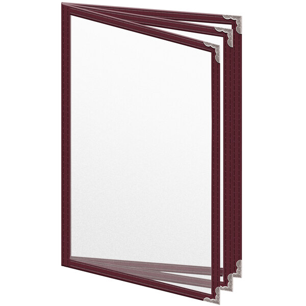 A maroon H. Risch, Inc. vinyl menu cover with silver decorative corners and a window displaying white paper with a red border.