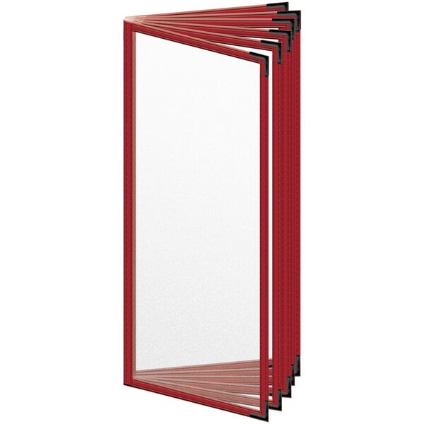 A red rectangular H. Risch, Inc. vinyl menu cover with black smooth corners and matte finish.