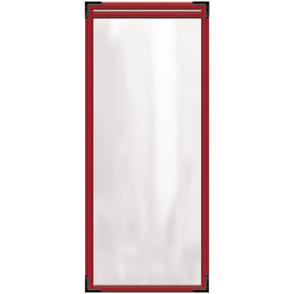 A white rectangular menu cover with red edges.