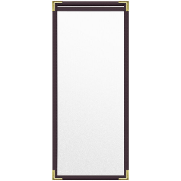 A rectangular brown vinyl menu cover with gold corners and black trim.