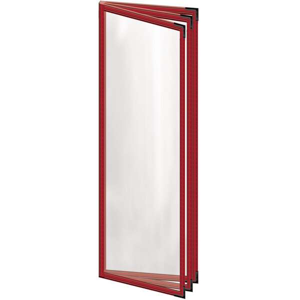 A red rectangular menu cover with black corners and a glossy finish.