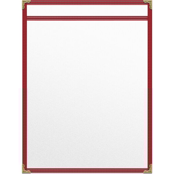 A white paper with red border inside a red vinyl menu cover with gold corners.