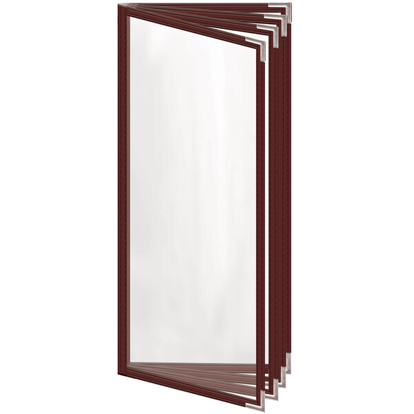 A rectangular maroon menu cover with a silver corner.