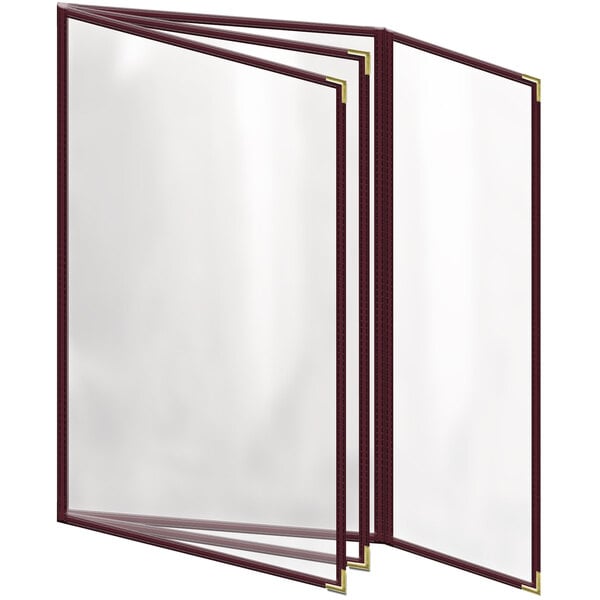 A maroon H. Risch, Inc. menu cover with clear glass panels.