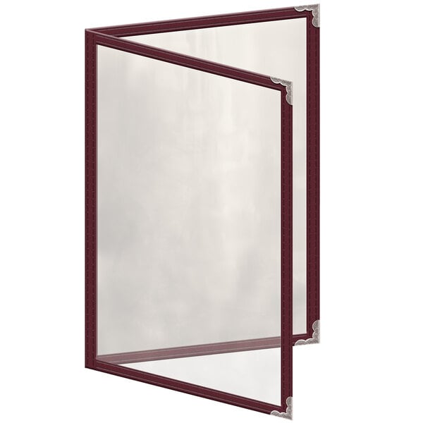 A maroon menu cover with silver corners and a glossy finish.