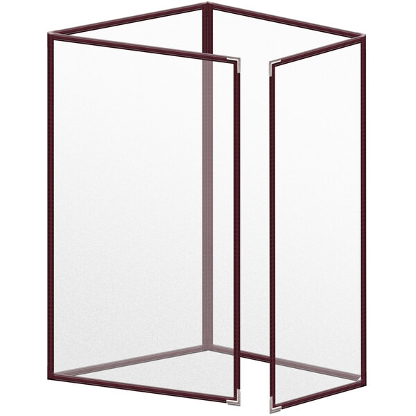A maroon rectangular vinyl menu cover with black corners.