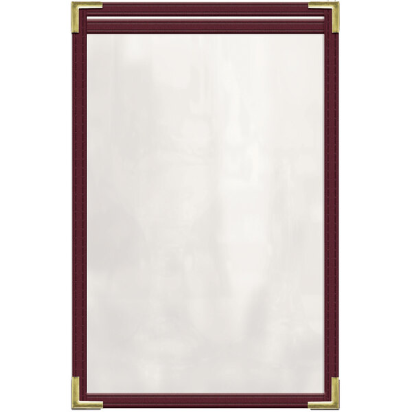 A maroon vinyl menu cover with gold smooth corners.