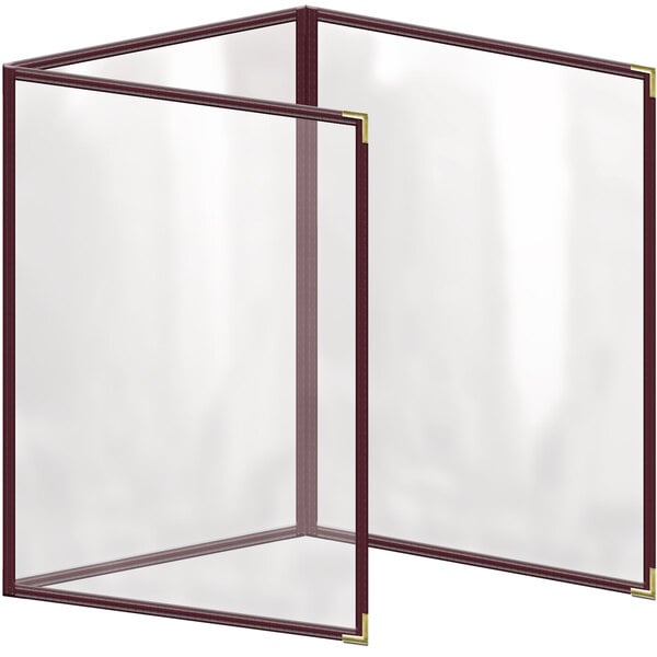 A maroon vinyl menu cover with gold smooth corners and a gloss finish with six view panels.