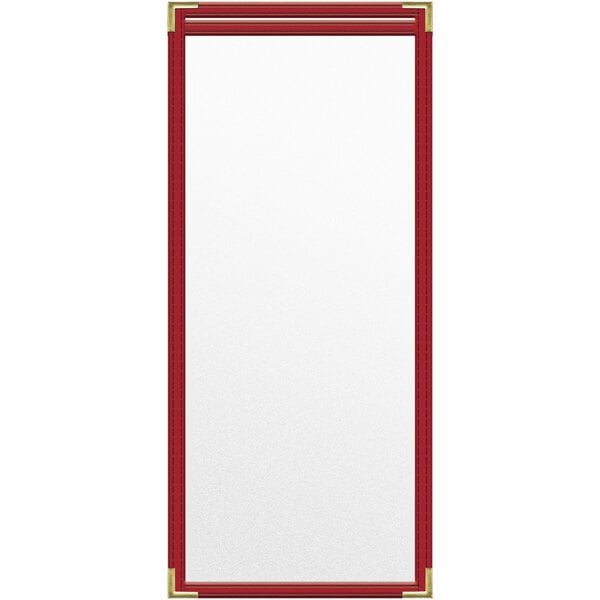 A rectangular white menu cover with a red and gold border.