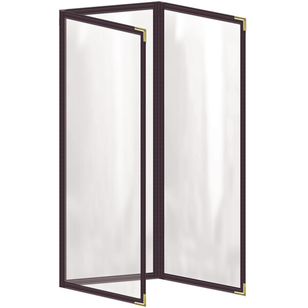 A brown vinyl menu cover with gold smooth corners and a gloss finish.