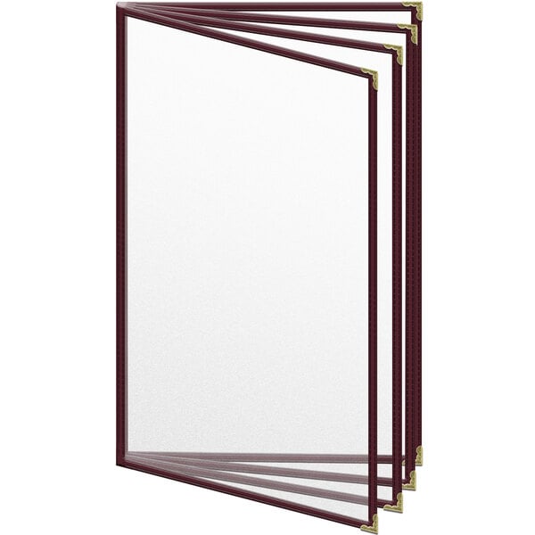 A maroon H. Risch, Inc. TEDD menu cover with gold decorative corners and matte finish.