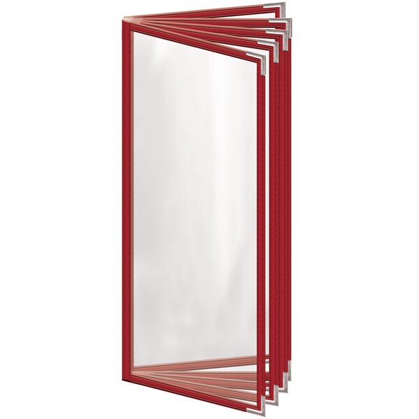 A red vinyl menu cover with silver corners and a gloss finish.