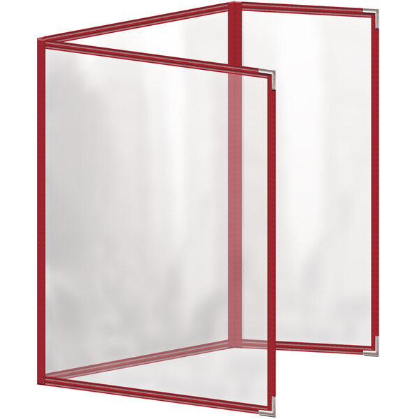 A red rectangular menu cover with white and silver corners.