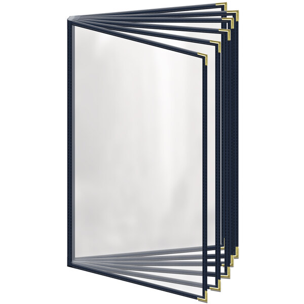 A close-up of a blue H. Risch, Inc. menu cover with gold corners and a gloss finish.