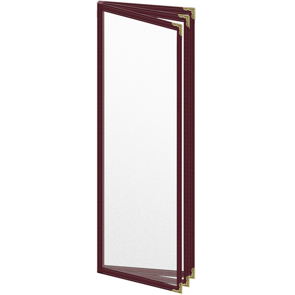 A maroon vinyl menu cover with gold decorative corners and a matte finish.