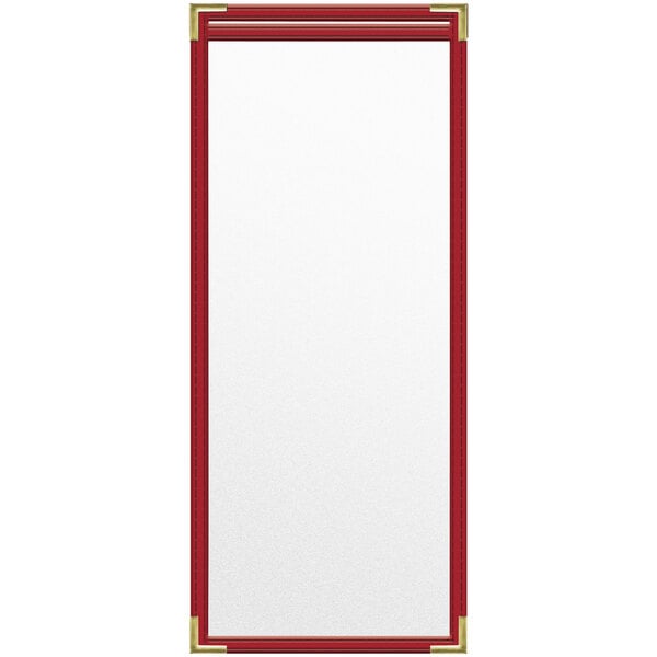 A red rectangular menu cover with gold corners.