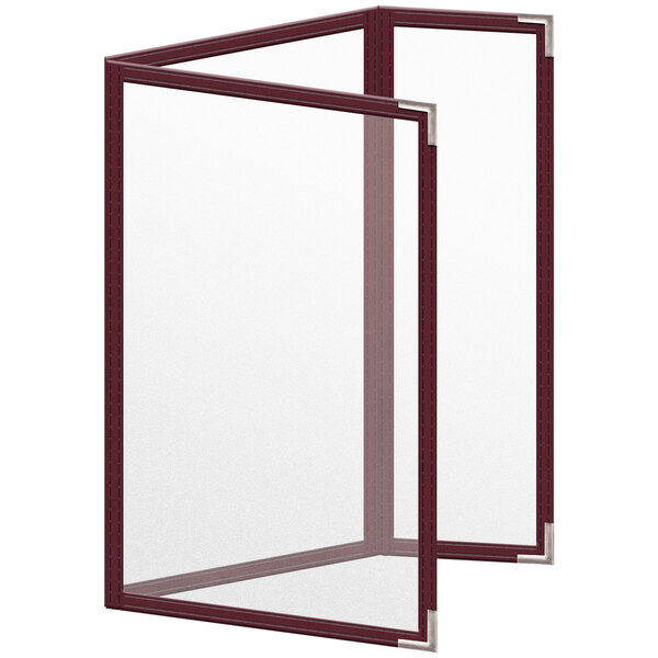 A maroon menu cover with silver corners and a matte finish.
