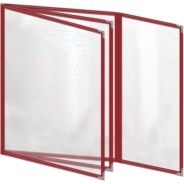 A red folder with white trim and clear plastic panels.